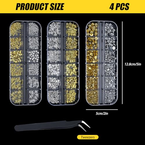 36 Typen Nail Charms, 3 Schachteln Charms Nägel, 3D Gold Silber Stern Schleifen und Perlen für Nageldesign Zubehör, Nail Art Nagelschmuck mit Pinzette für DIY Bastelprojekte