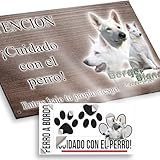'Pastor Blanco Suizo de pelo corto Pegatina Cuidado con el Perro 15x9,5cm - Diseño Madera Marrón Dibond con Adhesivo Coche 20x5cm'