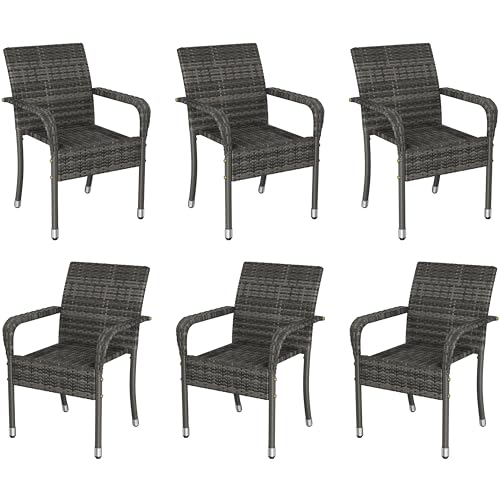 Yaheetech Set of 6 Stackable Outdoor Rattan Dining Chairs All-Weather Armchair w/Armrests Steel Frame for Garden Patio Deck Yard Poolside Gray