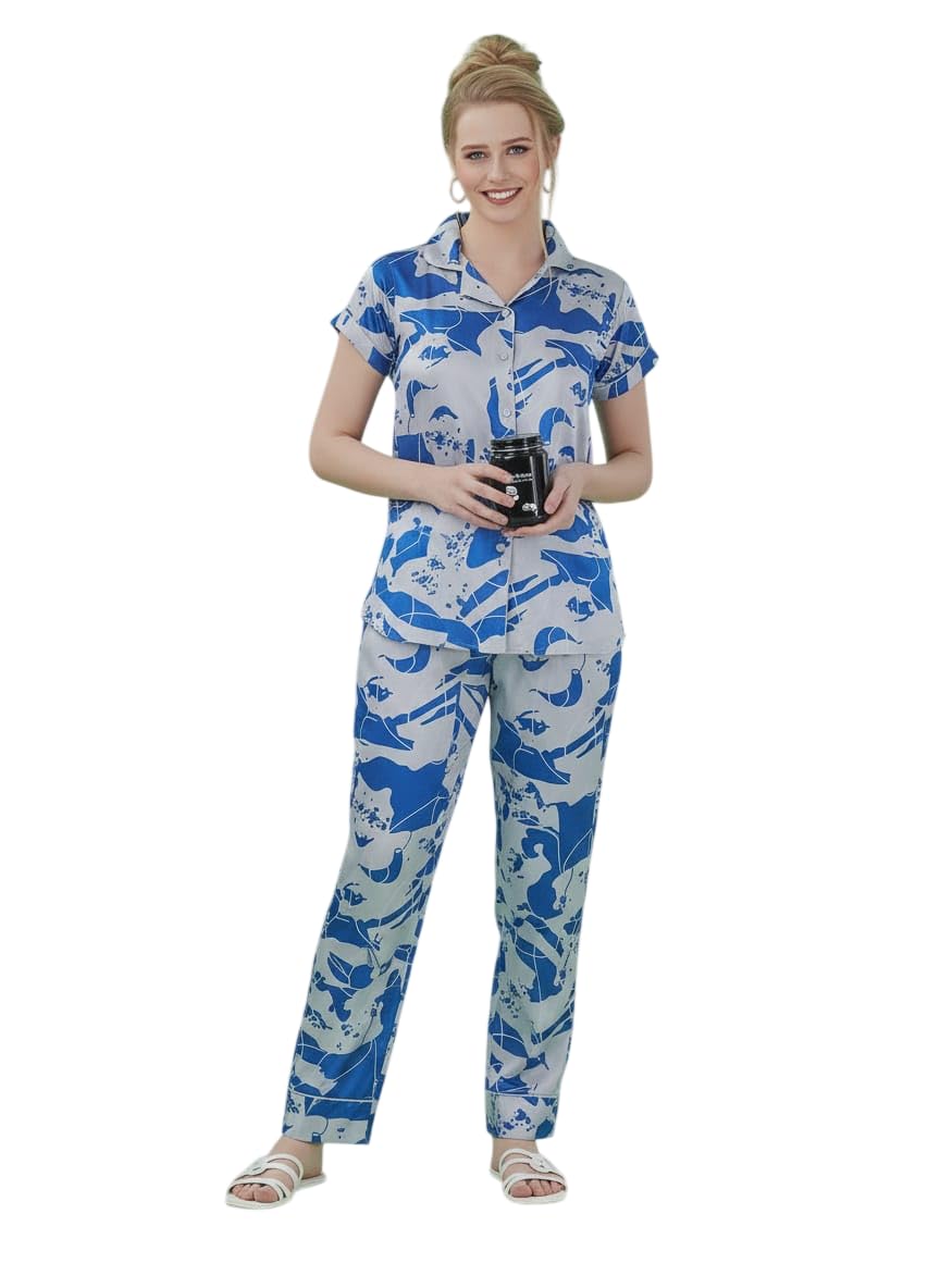 Women’s Satin Pajama Set – Short Sleeve Button-Down Top & Full-Length Pants Sleepwear Lounge Set (Blue, XL)-image-23
