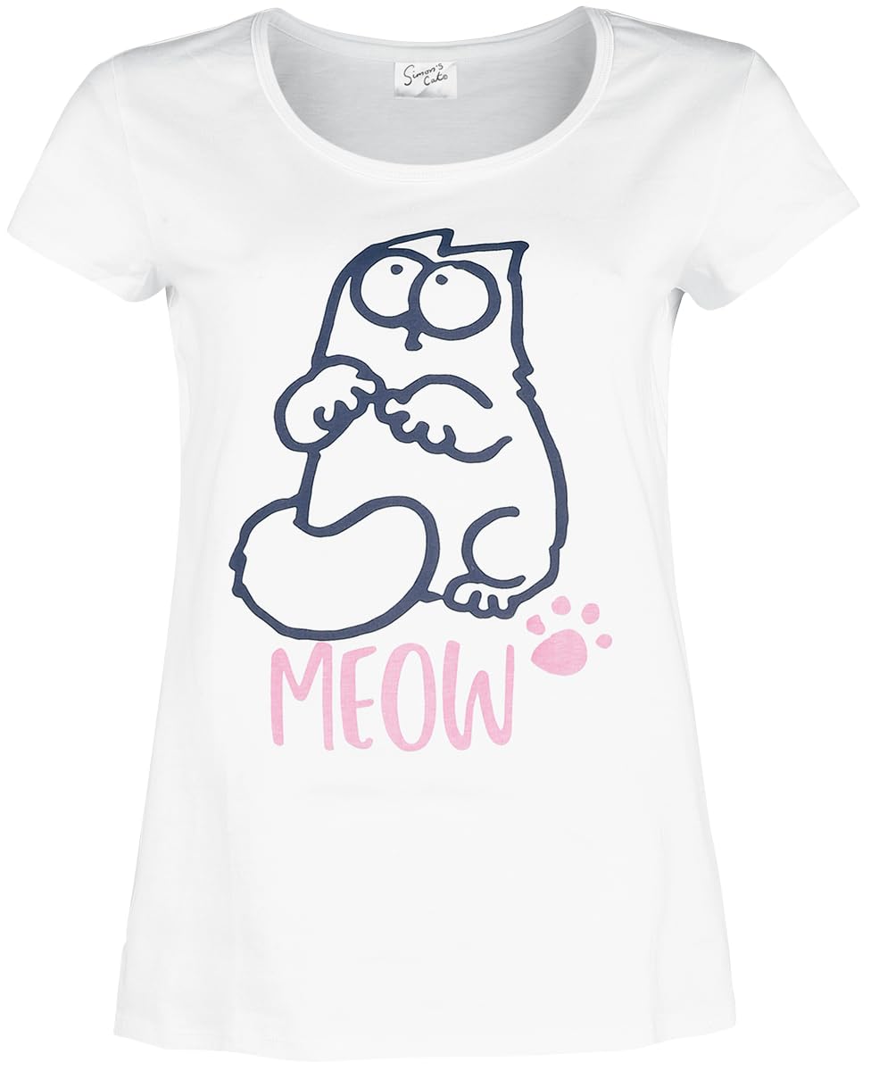Simon' s Cat Meow Donna Pigiama Bianco/Rosa 100% Cotone
