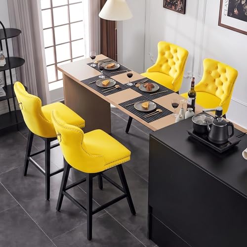 Image of Yellow Swivel Bar Stools, Velvet Counter Height Bar Stool Set of 6 | 360 Swivel Bar Chairs, Solid Wood Legs, Upholstered Kitchen Island Stools, Modern Extra Wide Seat (Yellow, 26 inch H, 6 Pack)