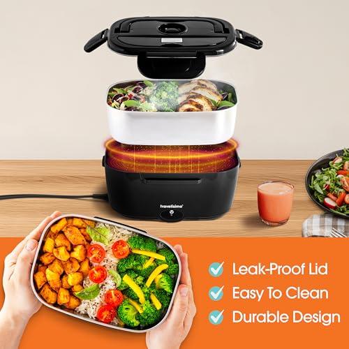 Image of TRAVELISIMO Electric Lunch Box for Adults 100W Heated Lunch Box For Men 1.5L Stainless Steel Portable Food Warmer, 12 /24 /110V for Travel & Work, Loncheras Electricas Para Calentar almuerzo