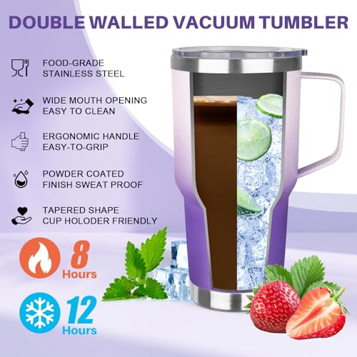 Image of 30 oz Tumbler with Handle, Stainless Steel Insulated Tumbler with Lid and Straw, Double Wall Vacuum Coffee Mug Tumbler, Insulated Coffee Thermal Cup for Cold and Hot (Light Dark Purple)