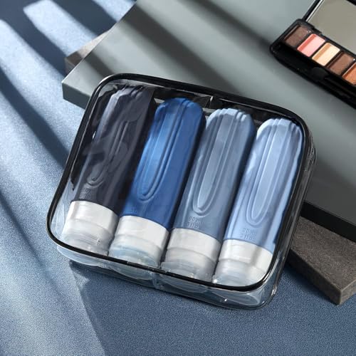 Kit 4 Frascos Potes Silicone Viagem 90ml Aprovado TSA Creme Shampoo Condicionador (Tons de Azul)