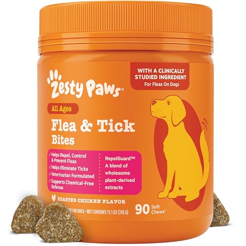 Zesty Paws Flea and Tick Prevention for Dogs Chewable - Prevention Protection & Repellent - Dog Supplement to Kill & Control Fleas & Ticks - Roast Chicken Flavor 90 Ct