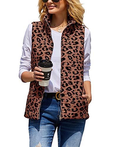 CNJFJ Womens Leopard Print Vest Lightweight Outdoor Puffer Vests with Pockets Brown