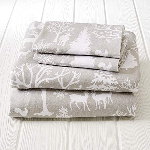 Great Bay Home Bed Linen Set, 4 Piece, Turkish Cotton Queen Winter Flannel Sheet Set, Deep Pocket Fitted Sheet, Soft Sheets, Warm Lodge Bed Sheets, Anti-Pill Flannel Sheets, Enchanted Woods-Grey #TOP6