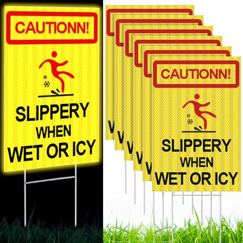 Yaocom Reflective 6 Pcs Caution Slippery When Wet or Icy Sign 8 x 12 Double Sided Wet Floor Sign Caution Ice Sign with Stakes Warning Signs for Street Lawn Yard Road Visual Signal(Yellow)