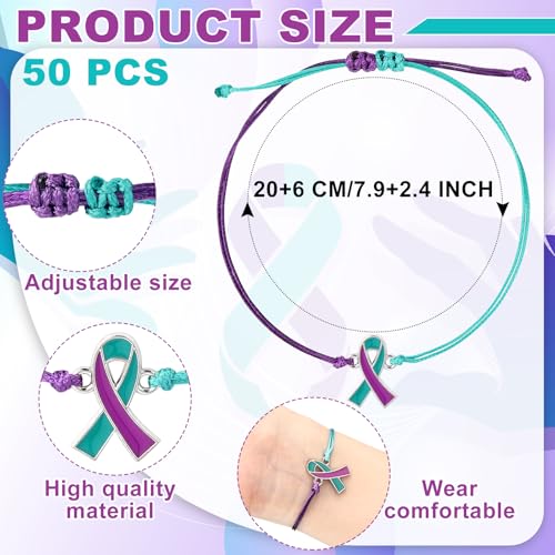 Suicide Awareness Bracelets Bulk Suicide Prevention Awareness Bracelets Teal and Purple Ribbon Motivational Wristband for Women Men Mental Health Item Charity Campaign Supplies3