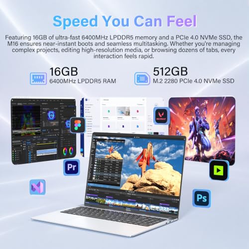 Image of GEEKOM GeekBook M16 Laptop, Up to 24H, 55W Sustained Power Ultra 9 Notebook | 16 inch IPS Display, 16GB LPDDR5, 512GB SSD, 180 Lay-Flat, Dual-Fan, 100W PD Charging, Fingerprint, Privacy Shutter, Windows 11