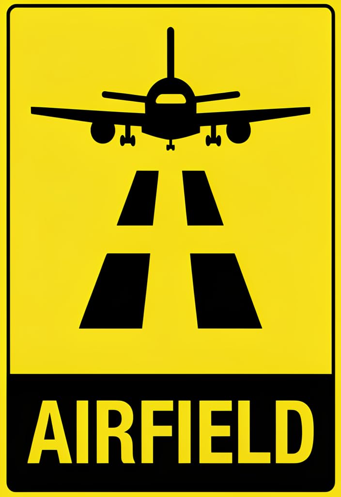 peiyeety Airfield Tin Sign 12x8 Inch Metal Wall Decor – Yellow & Black Airport Runway Airplane Graphic Vintage-Style Plaque for Garage, Man Cave, Office, Bar, Aviation Gift