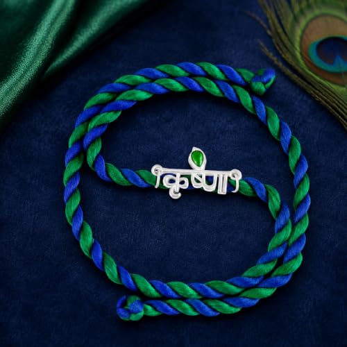 Image of Mahi Peacock-Feather-Theme Rakhi for Brother | Krishna Mor Pankh Design on Blue-Green Braided Thread Rakhi for Brother, Bhaiya, Bhai (PARA1100839PR)