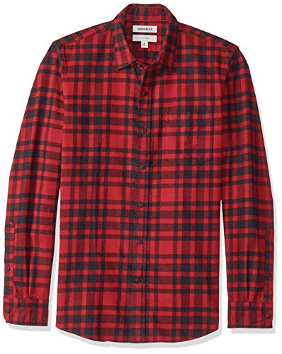 Amazon Brand - Goodthreads Men's Slim-Fit Long-Sleeve Brushed Flannel Shirt, -red/black plaid, Large