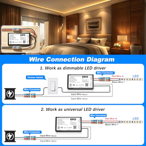Image of 60W 12V Dimmable LED Driver with Connectors, Triac /ELV /MLV AC to DC Power Supply for LED Light, Halogen Bulb, LED Transformer Compatible with Lutron & Leviton Dimmer, UL&FCC-Listed, Class 2