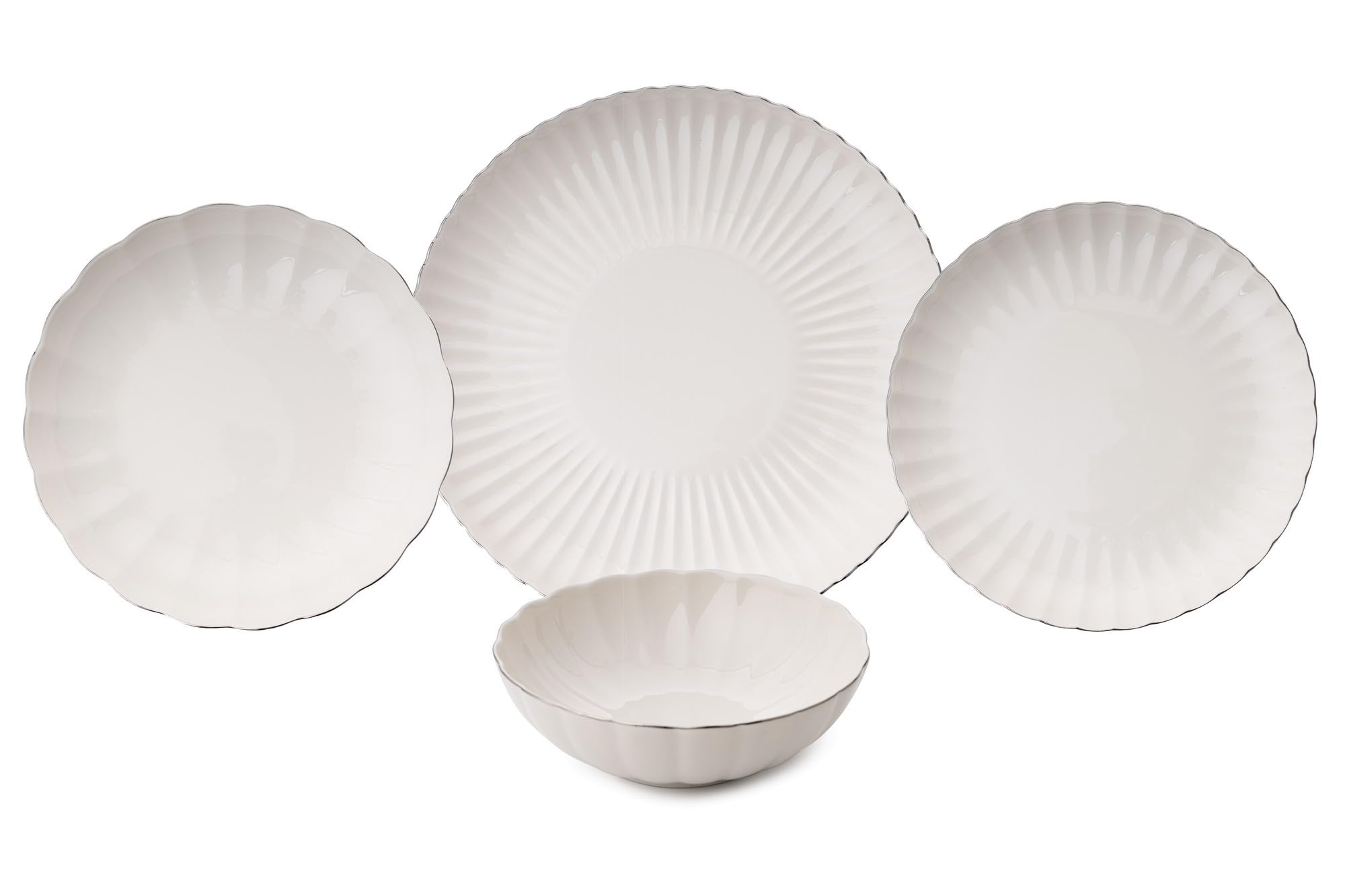 Vajilla elegante de 24 piezas, 100% porcelana, color blanco y plateado, incluye platos, platos hondos de postre y cuencos, no apto para lavavajillas y microondas