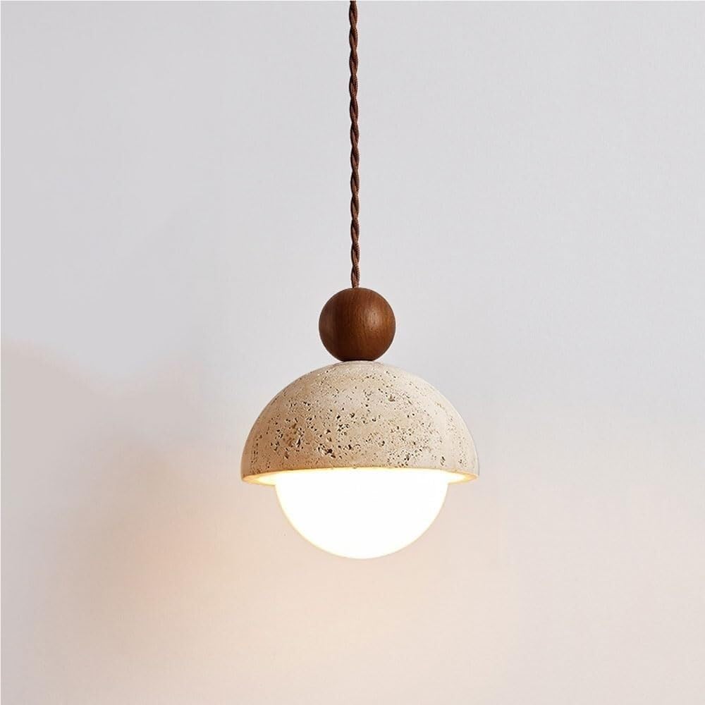 LYOUAE 5.9 in Vintage Mini Yellow Travertine Pendant Light Nordic Natural Stone Hanging Light Travertine & Wood Hanging Lamp(Walnut)