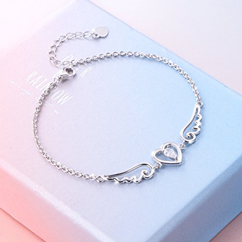 S925 Sterling Sliver Angel Wing Charm Cubic Zirconia Resizable Bracelets,Rolo Chain,7+2" #TOP2