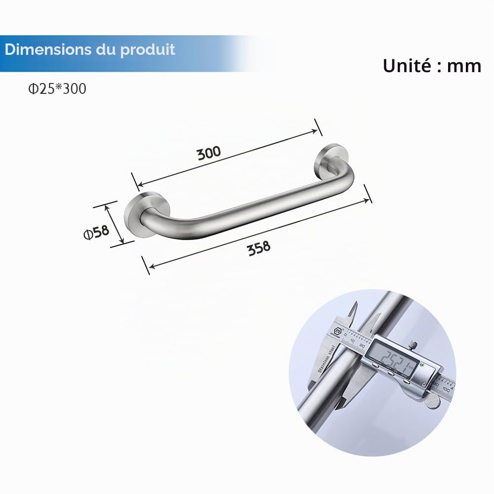 Decaura 300mm Barres d'appui wc salle de bain en acier inoxydable, poignées de baignoire antidérapante, poignées de sécurité pour personnes âgées, enfants et handicapés(2 Pièces, diamètre 25mm)