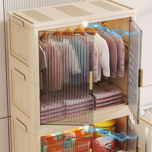Image of YASONIC Plastic Wardrobe for Storage - Foldable Wardrobe for Clothes, Collapsible Cupboard for Storage Drawer, Almirah for Clothes, Cabinet Lightweight Bedroom /Hallway /Office (Transparent, 4-Door)