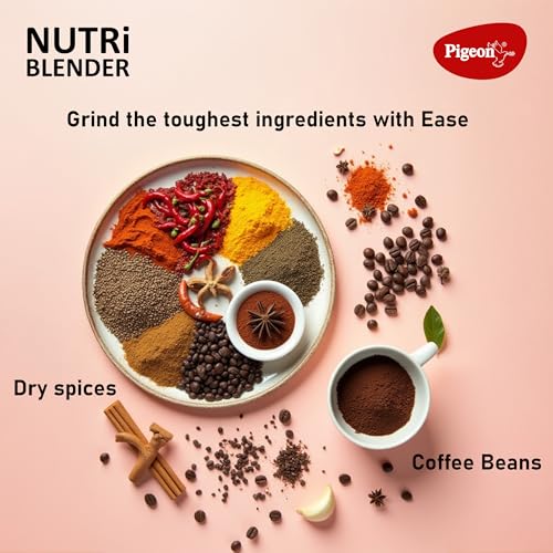 Image of Pigeon By Stovekraft Nutri Blender | Grinder Juicer Blender Smoothie Maker All-in-1 Machine | 600 Watt | 2 Jars- Multiuse Jar 500ml,Dry Grind 300ml, 1 Sipper, 1 Cap |2 Blades|2 Year Warranty
