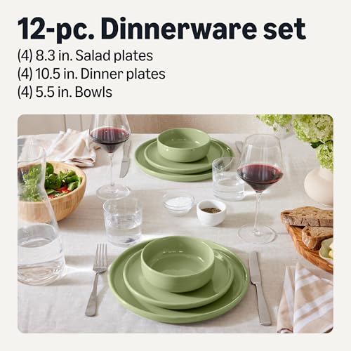 Image of Amazon Basics Glazed Stoneware Dinnerware, 12-Piece Set, 4 Full Place Settings, Microwave and Dishwasher-Safe, Olive