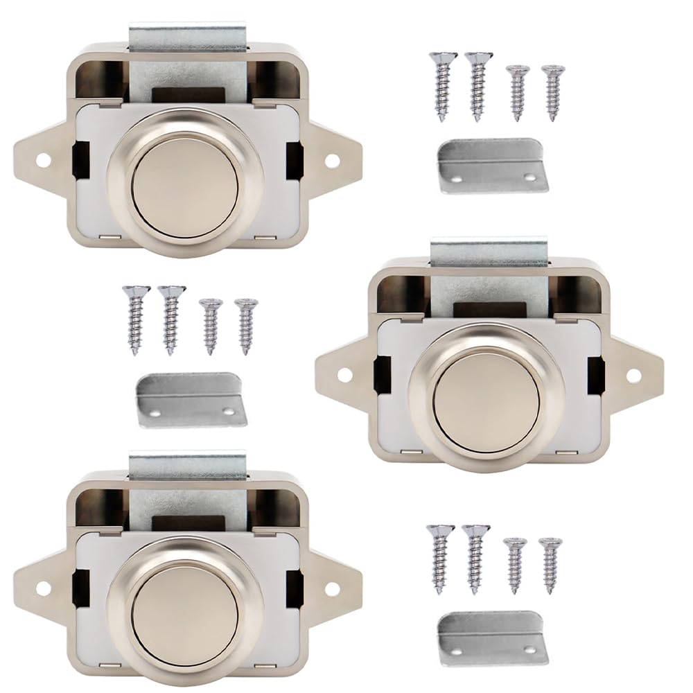 Kellegour 3 Pack Push Button Latch Catch, Cupboard Door Knob Latch, Push Button Locks for Furniture Cabinets, Vehicles (Beige)