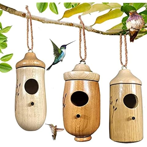 3Pcs Hummingbird House, Wooden Hummingbird House for Outside Hanging, Cute Humming Bird Nest with Hemp Ropes, Hanging Bird Houses for Outdoor Garden Home Decor, Nesting Birdhouse Nature Lovers Gift(B) Cover