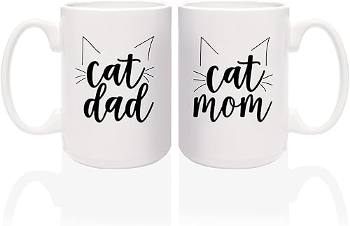 Juego de tazas a juego de Cat Dad Cat Mom  2 tazas jumbo de cerámica blanca de 15 onzas  divertido juego de tazas de café para amantes de las