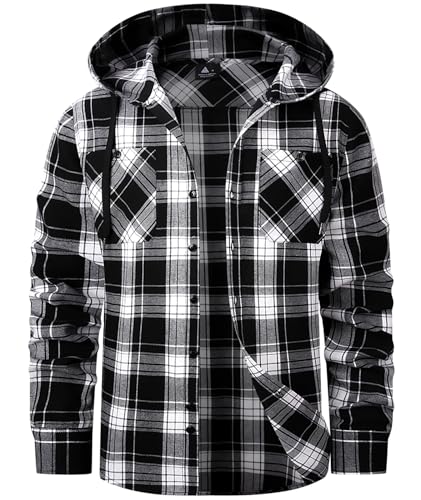 SwissWell Camisa Cuadros Hombre con Capucha Camisa Franela Manga Larga para Hombre con Casual Leñador Blanco-Negro M