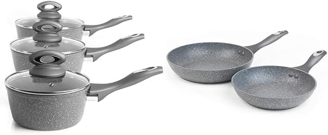 Salter BW02986G Collection Forged Aluminium Non Stick 3 Piece Saucepan Set, Marble Grey & BW04136G Marble Collection Non Stick 2 Piece Frying Pan Set, 20/24cm, Cook Healthy, Grey
