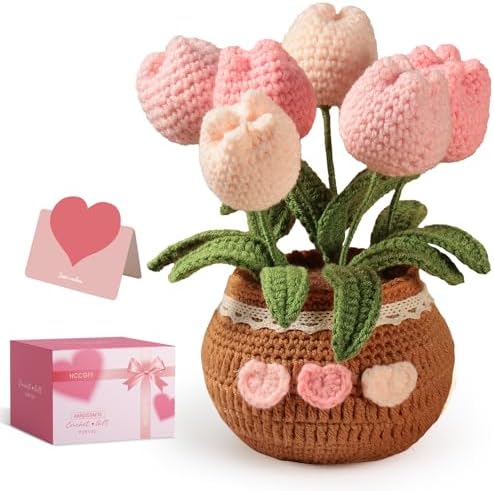 Crochet Flowers Bouquet, Knitted Tulips Potted Plant with Gift Bo...