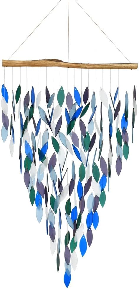 Blue Handworks Premiere Ocean Waterfall & Driftwood Chime, Sandblasted Glass and Found Wood Handcrafted Wind Chime