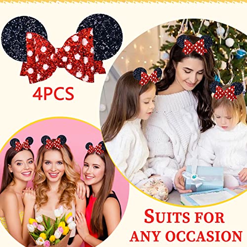 Mouse Hair Bows 5 Inch 4 Pcs Mouse Ears Hair Clips Red Sequins Bow Applique Girls Hair Accessories For Party Gift Princess Hair Clip Alligator Glitter Mouse Ears Barrettes For Theme Park Holiday Decor #TOP3
