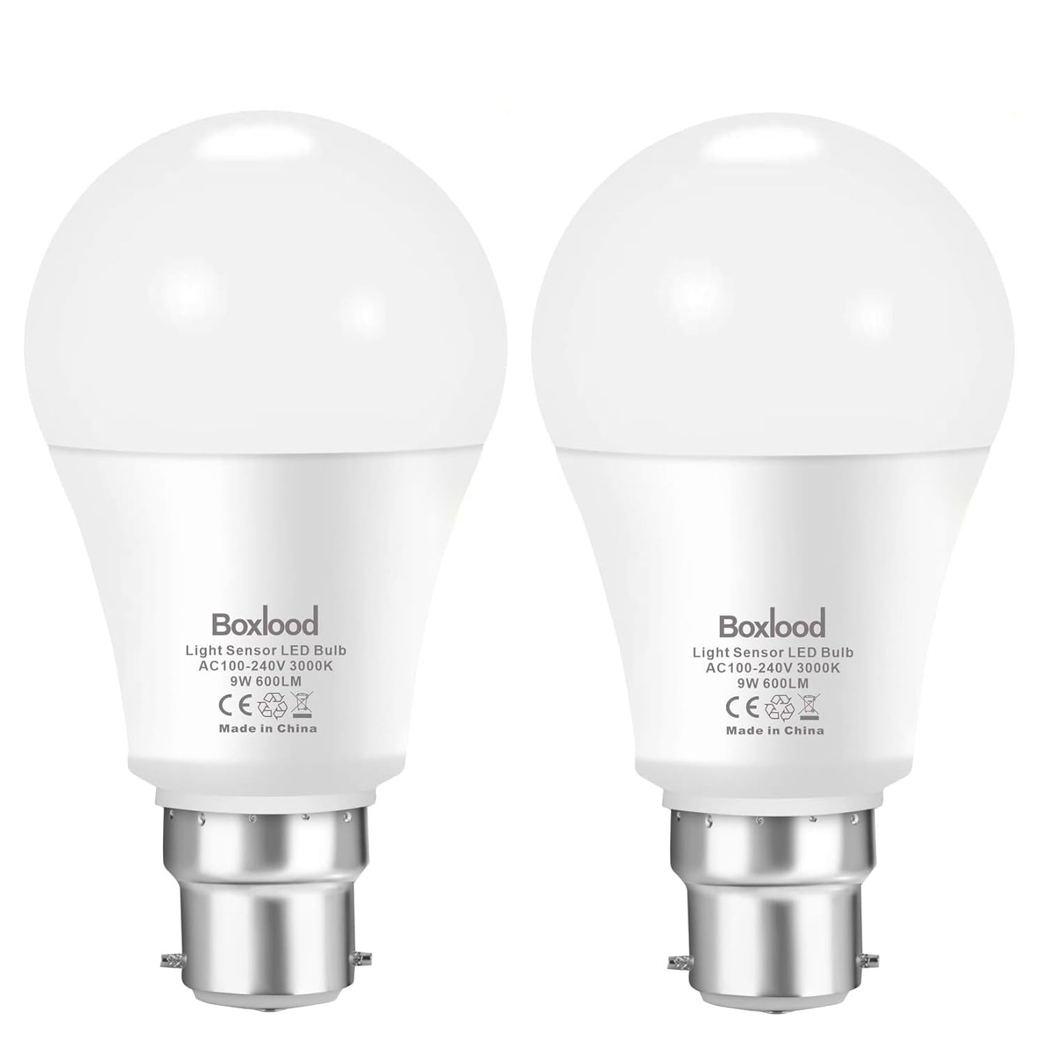 Boxlood Dusk Till Dawn Light Bulbs, 6000K Cool White, 9W 60W Equivalent, B22 Energy Saving Light Bulbs for Yard Porch Patio Garden, 2Pack