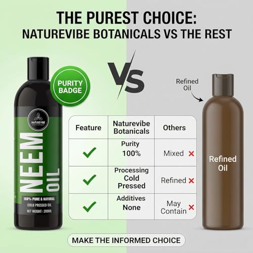 Image of Neem Oil 200ml by Naturevibe Botanicals 100% Pure Cold Pressed Neem for Skin, Hair & Scalp Care | Natural Body Massage Carrier Oil | Oily & Dry Skin | Suitable for Face & Hair Care