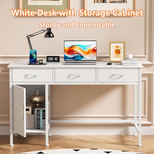 Korfile White Desk with Storage Cabinet and 3 Fabric Drawers, 39 Inch Home Office Desk for Writing Study Gaming, Small Computer Table with Storage Space, Modern Vanity Desk for Bedroom