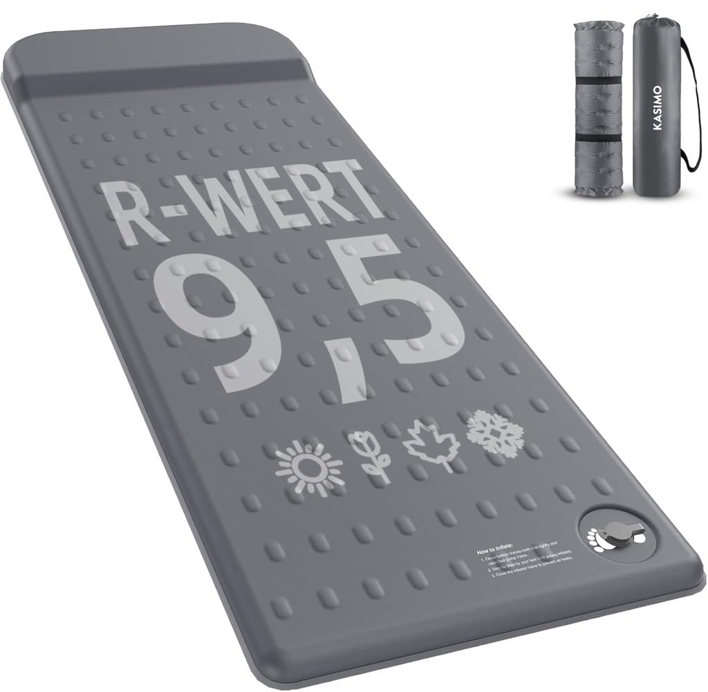 KASIMO Isomatte Camping Matratze, R-Wert 9,5 Ultra-Dicke Memory-Foam Schlafmatte mit Kissen, Kompakte & Leichte aufblasbare Luftmatratze Schaumstoff für Outdoor, Auto, Zelt & Reisen