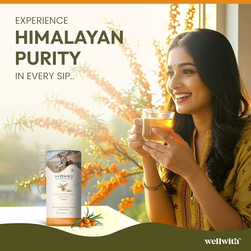 Image of Wellwith (Ayuzera) Sea Buckthorn Raw Leaves Tea | Himalayan Herbal Leaf Tea | Good for Skin, Immunity & Detox | Pure & Natural | 50g (Pack of 1)