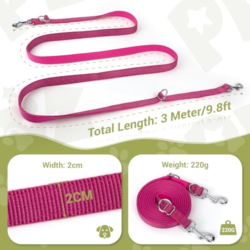 Hundeleine für Kleine & Mittelgroße Hunde bis 30 kg, 3 m Verstellbare Schleppleine Doppelleine, Verdickte Freihandleine Übungsleine Führleine aus Nylon mit 2 Karabiner,Purpurrot