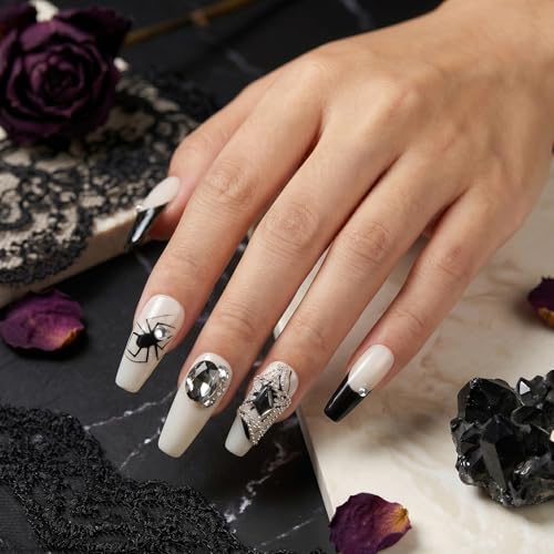 Sun&Beam Nails Handmade Press-on Long Coffin Ballerina Beige Black Halloween Spider Design False Nail Tips 10 Pcs (#133 L) miniatura 2