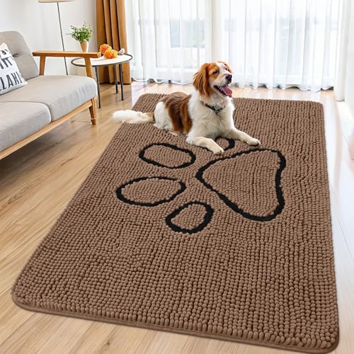 Image of Smiry Dog Door Mat for Muddy Paws, Absorbent Dirt Trapper Non Slip Quick Dry Washable Chenille Mat for Mud Dogs, Entry Rug for Indoor and Outdoor (59x35 Inches, Coffee and Black)