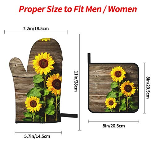 Beautiful Sunflowers Vintage Wood Print Oven Mitts And Pot Holders Sets 4 Pcs Set, Heat Resistant Soft Cotton Lining With Non-Slip Surface Oven Gloves For Kitchen Cooking Baking Bbq #TOP2