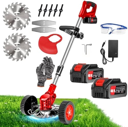 Image of Electric Wireless Rechargeable Edge Cutter 48V - 25cm Cutting Width | 2-in-1 Mower & Trimmer | Adjustable Height | 3 Blade Types | Lightweight & Portable | Lawns & Gardens (Red)
