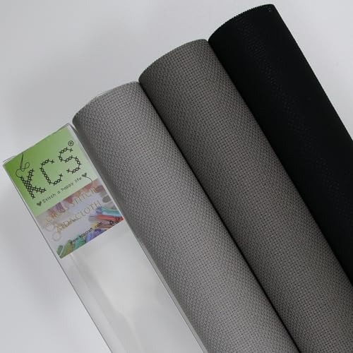 Image of KCS 3 pc of 15 inch x 18 inch(38cmx45cm) Counted Cross Stitch Cotton Aida Cloth Needlework Rolled Fabric Box,18CT,Medium Grey+Dark Grey+Black