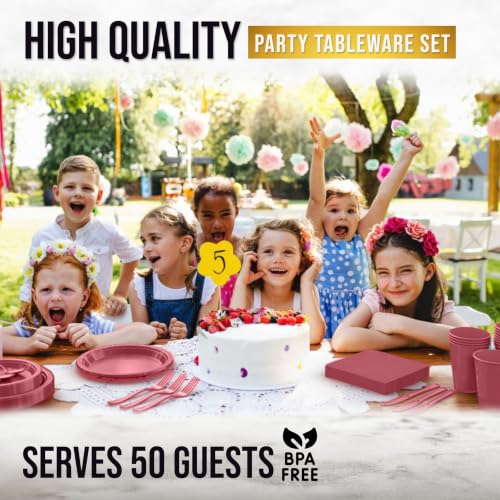 Image of 350 Pcs Burgundy Plastic Plates For Party, Burgundy Disposable Plates Set, 50 Of Each 9 inch Dinner Plate Set, 7 inch Dessert Plate, Cups, Napkins & Cutlery Plastic Dinnerware Set Exquisite