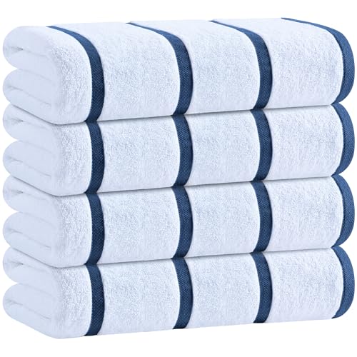 White Classic Cotton Pool Towels Oversized 30 x 60 Inches, Ultra Absorbent and Low Lint Striped Beach Towels for Adults, Stripes Design Luxury Extra Large Bath Towels, Navy Blue, 4 Pack