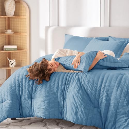 Image of MUXHOMO 7 Pieces Oversized Queen Comforter Set, Seersucker Bed in a Bag Oversized Queen Size, All Season Luxury Bedding Set with Comforter, Flat Sheet, Fitted Sheet, Pillowcases & Shams, Mineral Blue