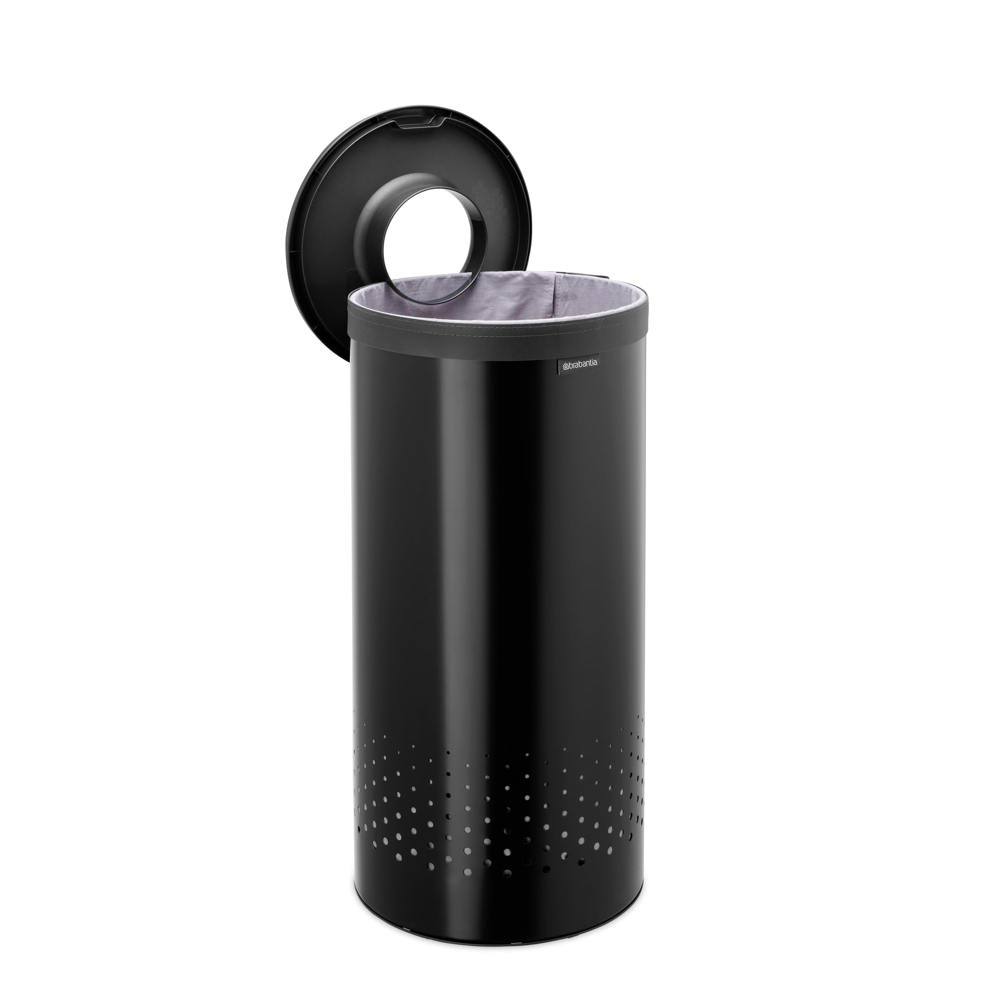 Brabantia Wäschekorb mit Deckel | 35 l Wäschebehälter mit herausnehmbarem Baumwollbeutel und Quick-Drop-Öffnung | Platzsparender Wäschekorb | Matt black