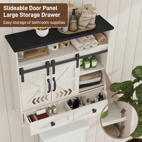 Image of Vabches Bathroom Wall Cabinet, Farmhouse Medicine Cabinet with Sliding Door | Vintage Storage Cabinet Wall Mounted with Storage Drawer and Removable Divider for Bathroom, Kitchen, Rustic White and Black